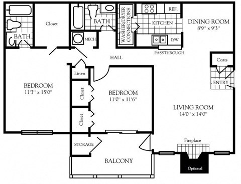 Floor plan for 2 beds, 2 baths, 1042 sqft